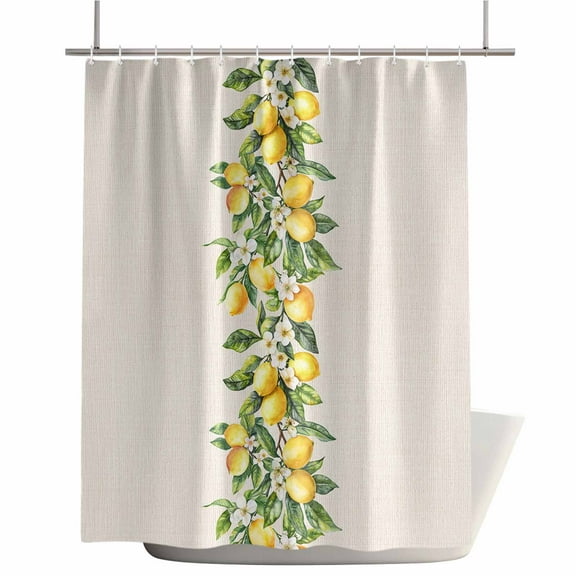 Shower Curtains for Bathroom-72"x72",Spring Watercolor Lemon Flower Leaf Waterproof Bath Curtain Grommet Shower Curtain Set with Hooks,Summer Plant on Linen Washable Bath Accessories