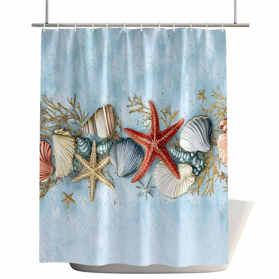 Shower Curtains for Bathroom-72"x72",Summer Ocean Beach Marine Life Waterproof Bath Curtain Grommet Shower Curtain Set with Hooks,Starfish Shell Coral on Blue Washable Bath Accessories