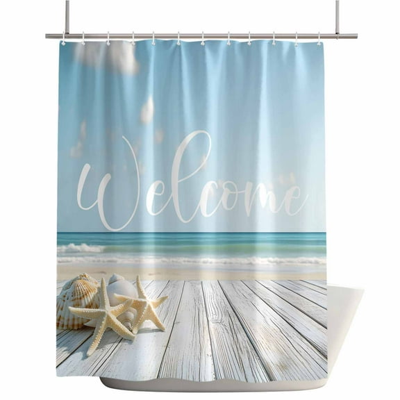 Shower Curtains for Bathroom-72"x72",Summer Welcome Beach Starfish Shell on Wood Waterproof Bath Curtain Grommet Shower Curtain Set with Hooks,Ocean Wave Sky Washable Bath Accessories
