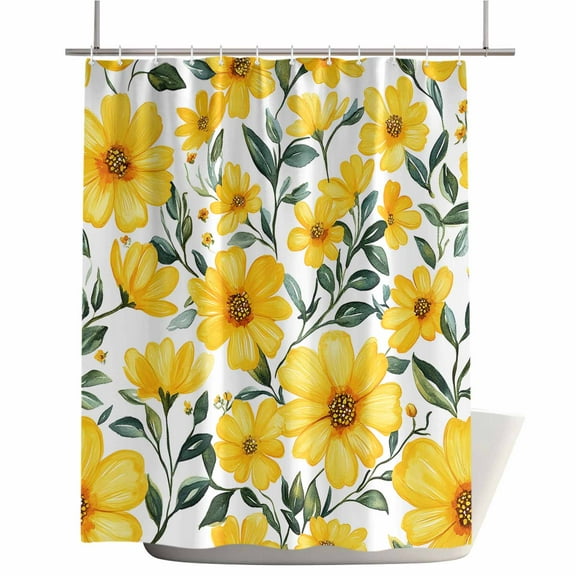 Shower Curtains for Bathroom-72"x72",Watercolor Blossom Yellow Flower Waterproof Bath Curtain Grommet Shower Curtain Set with Hooks,Green Leaves on White Washable Bath Accessories