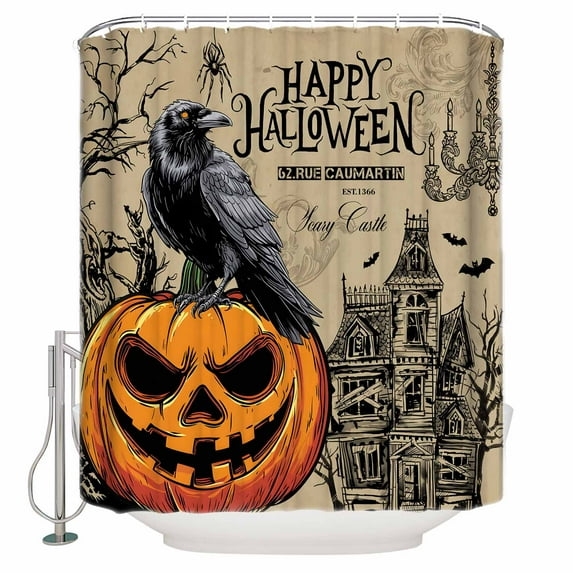 Shower Curtains for Bathroom-72"x78",Halloween Pumpkin Crow Waterproof Bath Curtain Grommet Shower Curtain Set with Hooks,Vintage Haunted Castle Bat Dead Trees Washable Bath Accessories