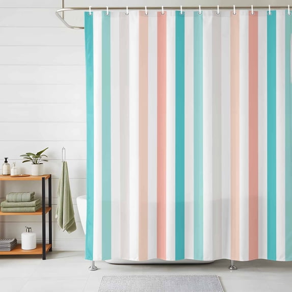 Shower Curtains for Bathroom, Aqua Teal Stripe Waterproof Fabric Shower Curtain, Geometric Grey White Vertical Striped Decorative Bathroom Curtain for Bathtub, 66"x72", No Hooks Included
