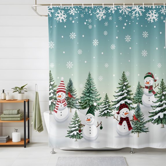 Shower Curtains for Bathroom, Aurora Christmas Snowman Waterproof Fabric Shower Curtain, Xmas Snowflake Tree Winter Decorative Bathroom Curtain for Bathtub, 72"x72", No Hooks Included