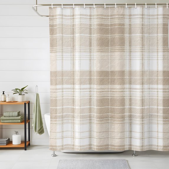 Shower Curtains for Bathroom, Beige Buffalo Plaid Waterproof Fabric Shower Curtain, Farmhouse Modern Checkered Decorative Bathroom Curtain for Bathtub, 66"x72", No Hooks Included