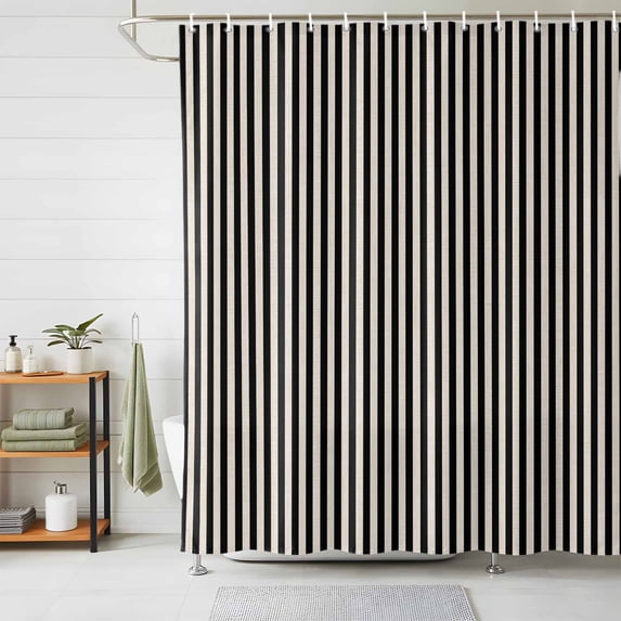 Shower Curtains for Bathroom, Black Striped Waterproof Fabric Shower Curtain, Modern Simple Farmhouse Beige Vintage Decorative Bathroom Curtain for Bathtub, 66"x72", No Hooks Included