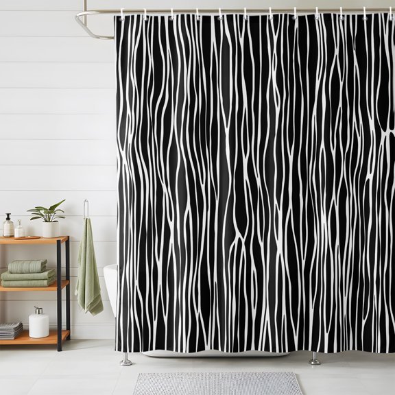 Shower Curtains for Bathroom, Black Striped Waterproof Fabric Shower Curtain, Retro Wave Lines Texture Simple Decorative Bathroom Curtain for Bathtub, 36"x72", No Hooks Included