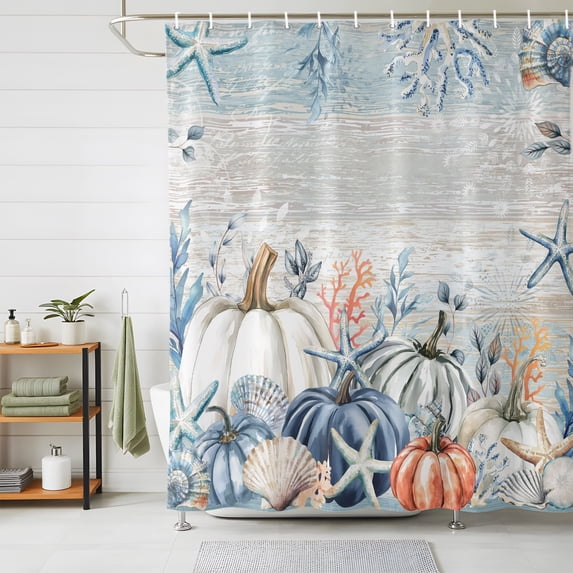 Shower Curtains for Bathroom, Blue Coastal Fall Waterproof Fabric Shower Curtain, Thanksgiving Pumpkins Starfish Botanical Decorative Bathroom Curtain for Bathtub, 66"x72", No Hooks Included