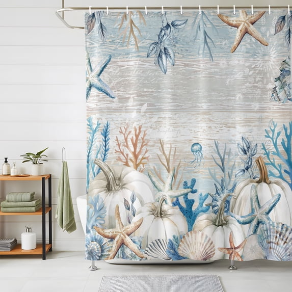 Shower Curtains for Bathroom, Blue Coastal Fall Waterproof Fabric Shower Curtain, Thanksgiving Pumpkins Starfish Coral Decorative Bathroom Curtain for Bathtub, 36"x72", No Hooks Included