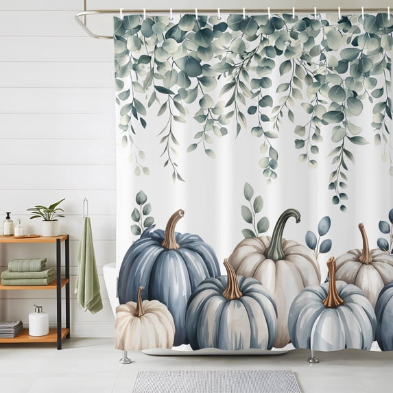Shower Curtains for Bathroom, Blue Grey Pumpkins Fall Waterproof Fabric Shower Curtain, Eucalyptus Leaves Thanksgiving Decorative Bathroom Curtain for Bathtub, 72"x72", No Hooks Included