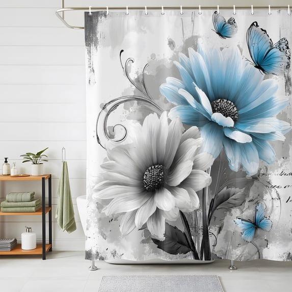 Shower Curtains for Bathroom, Blue Grey Spring Floral Waterproof Fabric Shower Curtain, Summer Botanical Flowers Butterfly Decorative Bathroom Curtain for Bathtub, 36"x72", No Hooks Included