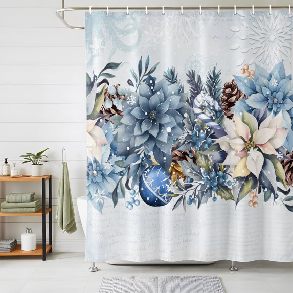 Shower Curtains for Bathroom, Blue Poinsettia Christmas Waterproof Fabric Shower Curtain, Xmas Botanical Balls Snowflake Decorative Bathroom Curtain for Bathtub, 36"x72", No Hooks Included
