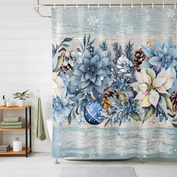 Shower Curtains for Bathroom, Blue Poinsettia Christmas Waterproof Fabric Shower Curtain, Xmas Botanical Balls Snowflake Vintage Decorative Bathroom Curtain for Bathtub, 36"x72", No Hooks Included