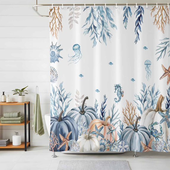 Shower Curtains for Bathroom, Blue Pumpkin Coastal Fall Waterproof Fabric Shower Curtain, Thanksgiving Ocean Botanical Coral Decorative Bathroom Curtain for Bathtub, 72"x78", No Hooks Included