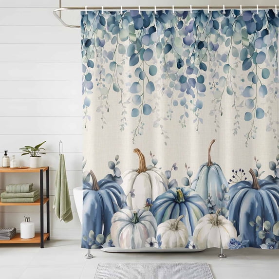 Shower Curtains for Bathroom, Blue Pumpkins Fall Waterproof Fabric Shower Curtain, Thanksgiving Eucalyptus Leaf Rustic Decorative Bathroom Curtain for Bathtub, 36"x72", No Hooks Included
