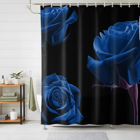 Shower Curtains for Bathroom, Blue Rose Waterproof Fabric Shower Curtain, Vintage Abstract Garden Flower Floral Black Decorative Bathroom Curtain for Bathtub, 72"x72", No Hooks Included