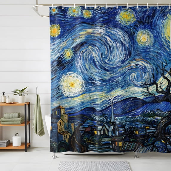 Shower Curtains for Bathroom, Blue Starry Night Waterproof Fabric Shower Curtain, Abstract Star Sky House Tree Oil Painting Decorative Bathroom Curtain for Bathtub, 72"x72", No Hooks Included