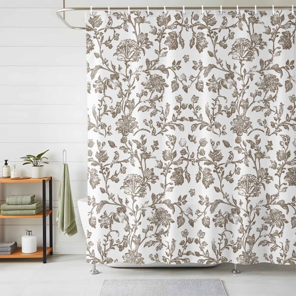 Shower Curtains for Bathroom, Brown Flower Waterproof Fabric Shower Curtain, Vintage Farmhouse Boho Leaf Spring Plant Decorative Bathroom Curtain for Bathtub, 36"x72", No Hooks Included