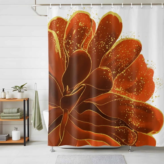 Shower Curtains for Bathroom, Burnt Orange Waterproof Fabric Shower Curtain, Sparkle Gold Stained Floral Flower Art Decorative Bathroom Curtain for Bathtub, 36"x72", No Hooks Included