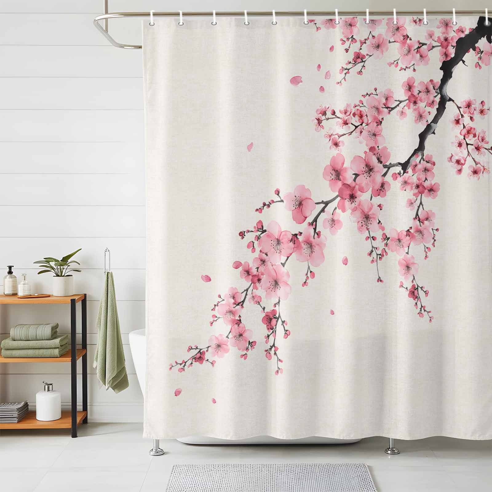 Paper Curtain Spring Shower Curtains for Bathroom, Cherry Blossoms Waterproof Fabric Shower ...