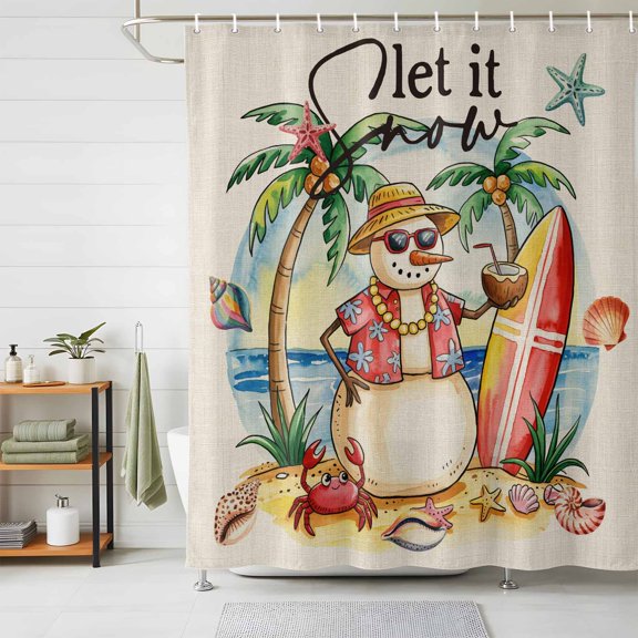 Shower Curtains for Bathroom, Christmas Snowman Waterproof Fabric Shower Curtain, Winter Coastal Beach Palm Tree on Linen Decorative Bathroom Curtain for Bathtub, 72"x72", No Hooks Included