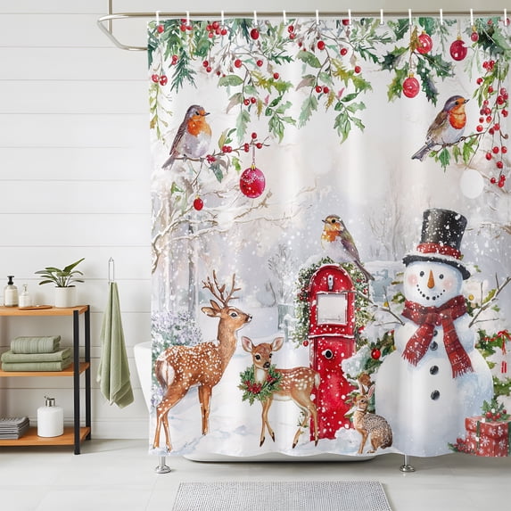 Shower Curtains for Bathroom, Christmas Waterproof Fabric Shower Curtain, Snowman Elk Snowflake Xmas Botanical Decorative Bathroom Curtain for Bathtub, 36"x72", No Hooks Included