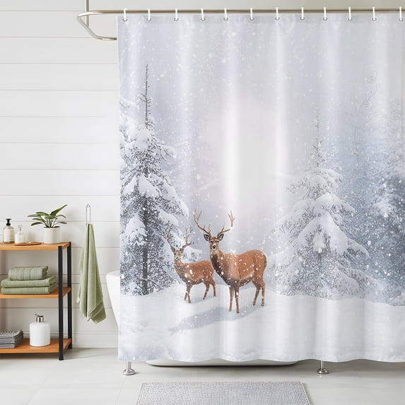 Shower Curtains for Bathroom, Christmas Waterproof Fabric Shower Curtain, Winter Deer Pine Trees Nature Snow Scene Decorative Bathroom Curtain for Bathtub, 72"x84", No Hooks Included