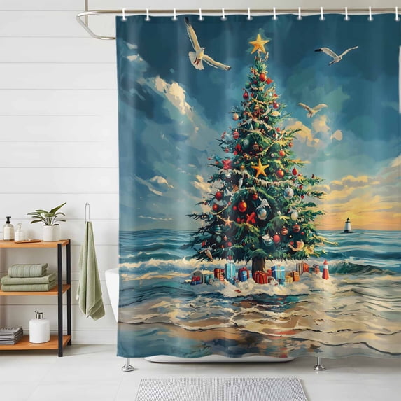 Shower Curtains for Bathroom, Coastal Christmas Waterproof Fabric Shower Curtain, Christmas Tree Beach Nautical Decorative Bathroom Curtain for Bathtub, 72"x84", No Hooks Included