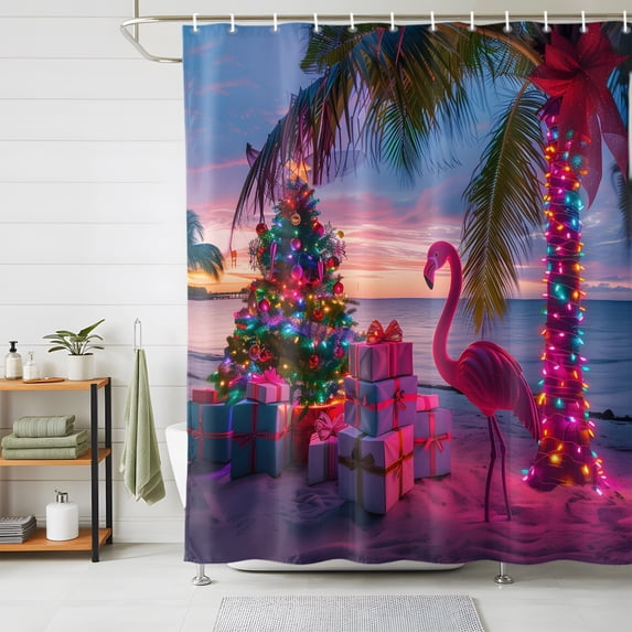 Shower Curtains for Bathroom, Coastal Christmas Waterproof Fabric Shower Curtain, Flamingo Xmas Palm Tree Beach Decorative Bathroom Curtain for Bathtub, 72"x78", No Hooks Included