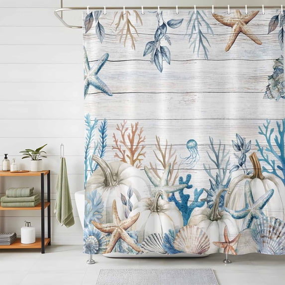 Shower Curtains for Bathroom, Coastal Fall Waterproof Fabric Shower Curtain, White Pumpkin Thanksgiving Coral Starfish Decorative Bathroom Curtain for Bathtub, 72"x78", No Hooks Included