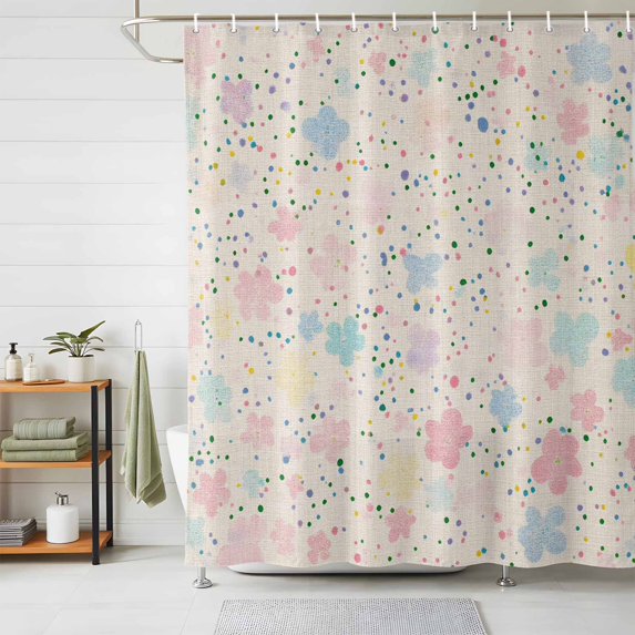 Shower Curtains for Bathroom, Colorful Flowers Waterproof Fabric Shower Curtain, Polka Dots Spring Modern Retro Decorative Bathroom Curtain for Bathtub, 66"x72", No Hooks Included