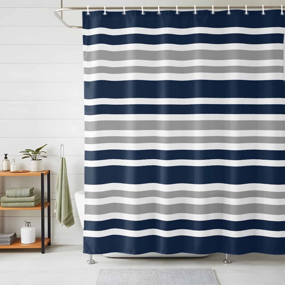 Shower Curtains for Bathroom, Dark Blue Gray Waterproof Fabric Shower Curtain, Horizontal Stripe Minimalist Geometric Decorative Bathroom Curtain for Bathtub, 72"x72", No Hooks Included