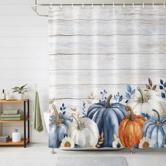 Shower Curtains for Bathroom, Fall Pumpkin Waterproof Fabric Shower Curtain, Thanksgiving Blue White Orange Plants Wood Decorative Bathroom Curtain for Bathtub, 72"x72", No Hooks Included