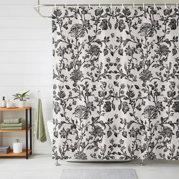 Shower Curtains for Bathroom, Farmhouse Black Waterproof Fabric Shower Curtain, Vintage Flower Leaf Botanical Plant Decorative Bathroom Curtain for Bathtub, 66"x72", No Hooks Included