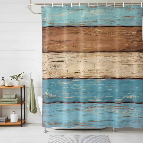 Shower Curtains for Bathroom, Farmhouse Light Blue Brown Waterproof Fabric Shower Curtain, Vintage Wooden Striped Decorative Bathroom Curtain for Bathtub, 66"x72", No Hooks Included