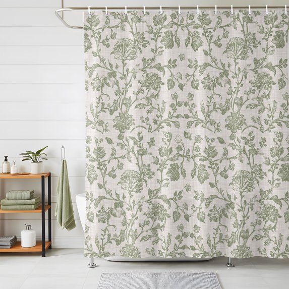 Shower Curtains for Bathroom, Farmhouse Sage Green Waterproof Fabric Shower Curtain, Vintage Flower Leaf Botanical Decorative Bathroom Curtain for Bathtub, 72"x72", No Hooks Included