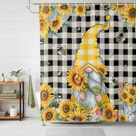 Shower Curtains for Bathroom, Gnomes Plaid Waterproof Fabric Shower Curtain, Yellow Sunflower Farmhouse Bee Black Check Decorative Bathroom Curtain for Bathtub, 36"x72", No Hooks Included