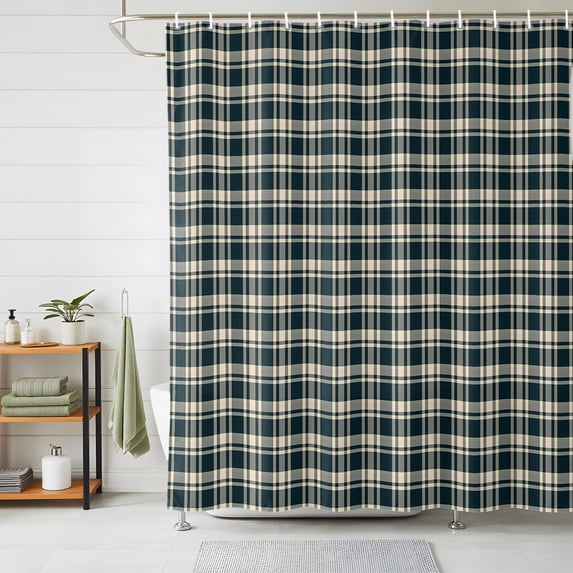 Shower Curtains for Bathroom, Green Beige Buffalo Plaid Waterproof Fabric Shower Curtain, Farmhouse Checkered Decorative Bathroom Curtain for Bathtub, 66"x72", No Hooks Included