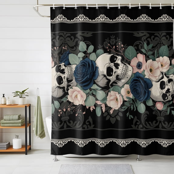 Shower Curtains for Bathroom, Halloween Waterproof Fabric Shower Curtain, Boho Horror Skull Flower Leaf Black Decorative Bathroom Curtain for Bathtub, 66"x72", No Hooks Included
