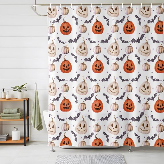 Shower Curtains for Bathroom, Halloween Waterproof Fabric Shower Curtain, Fall Pumpkins Halloween Funny Bat White Decorative Bathroom Curtain for Bathtub, 72"x78", No Hooks Included