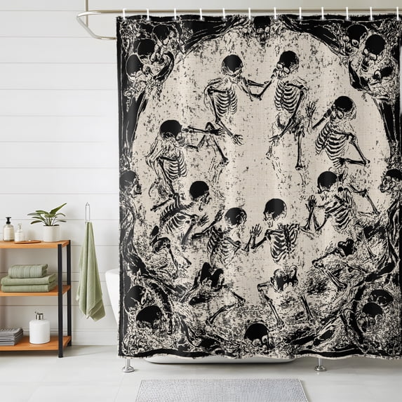 Shower Curtains for Bathroom, Halloween Waterproof Fabric Shower Curtain, Skeleton Retro Black Beige Decorative Bathroom Curtain for Bathtub, 72"x78", No Hooks Included