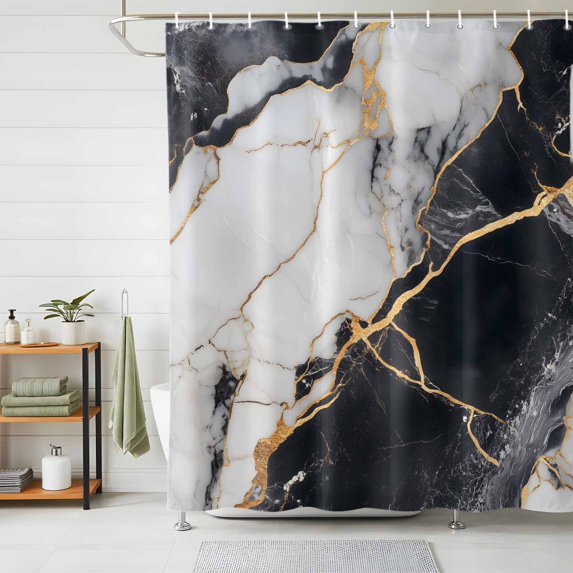 Shower Curtains for Bathroom, Marble Black Waterproof Fabric Shower Curtain, Abstract Gold White Brick Stone Motif Decorative Bathroom Curtain for Bathtub, 66"x72", No Hooks Included