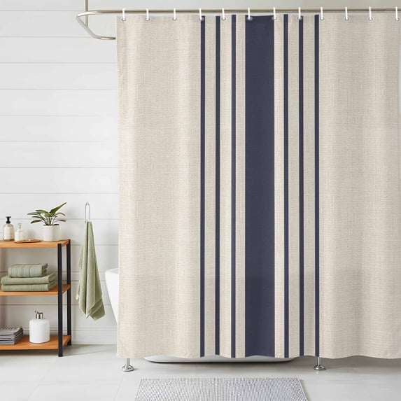 Shower Curtains for Bathroom, Midnight Blue Striped Waterproof Fabric Shower Curtain, Beige Geometric Modern Art Decorative Bathroom Curtain for Bathtub, 36"x72", No Hooks Included