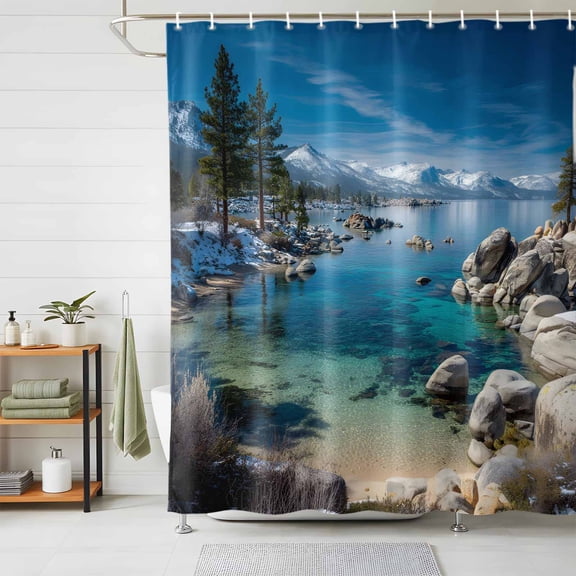 Shower Curtains for Bathroom, Nature Forest Waterproof Fabric Shower Curtain, Blue Sky Mountain Stone Lake Landscape Decorative Bathroom Curtain for Bathtub, 36"x72", No Hooks Included