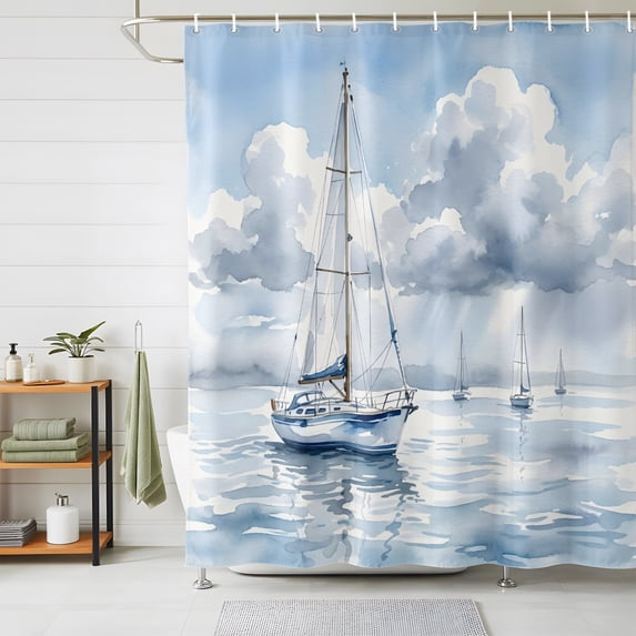 Shower Curtains for Bathroom, Nautical Sailboat Waterproof Fabric Shower Curtain, Blue Grey Watercolor Coastal Waves Cloud Decorative Bathroom Curtain for Bathtub, 66"x72", No Hooks Included