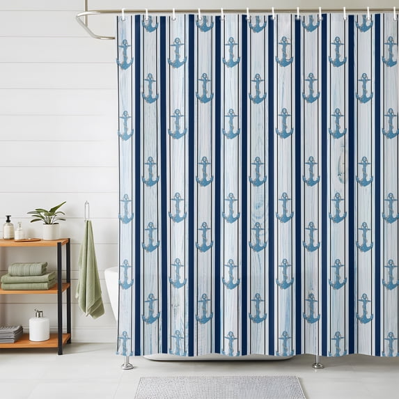 Shower Curtains for Bathroom, Navy Blue Anchor Nautical Waterproof Fabric Shower Curtain, Blue Coastal Ocean Decorative Bathroom Curtain for Bathtub, 36"x72", No Hooks Included