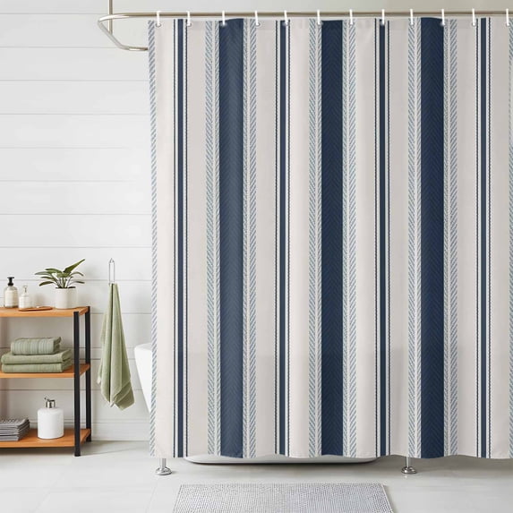 Shower Curtains for Bathroom, Navy Blue Beige Waterproof Fabric Shower Curtain, Retro Simple Abstract Vertical Stripes Decorative Bathroom Curtain for Bathtub, 66"x72", No Hooks Included