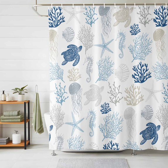 Shower Curtains for Bathroom, Navy Blue Coastal Waterproof Fabric Shower Curtain, Nautical Summer Beach Coral Sea Turtle Decorative Bathroom Curtain for Bathtub, 66"x72", No Hooks Included