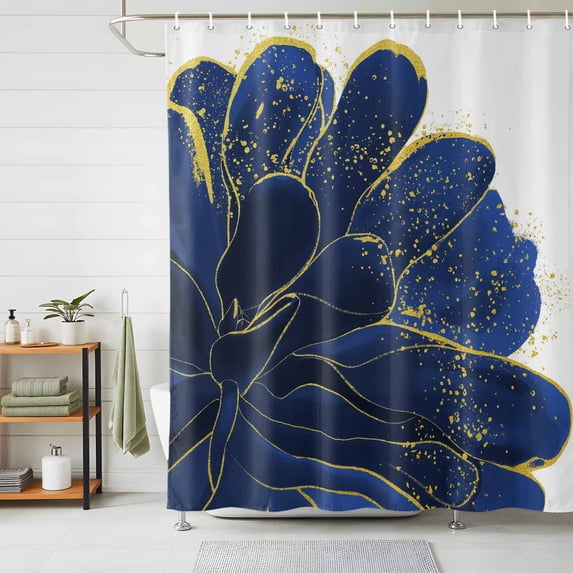 Shower Curtains for Bathroom, Navy Blue Gold Waterproof Fabric Shower Curtain, Abstract Line Art Troditional Ink Painting Decorative Bathroom Curtain for Bathtub, 72"x72", No Hooks Included