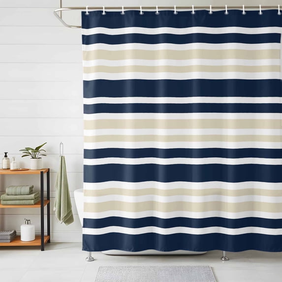 Shower Curtains for Bathroom, Navy Blue Khaki Striped Waterproof Fabric Shower Curtain, Gradient Horizontal Lines Decorative Bathroom Curtain for Bathtub, 36"x72", No Hooks Included