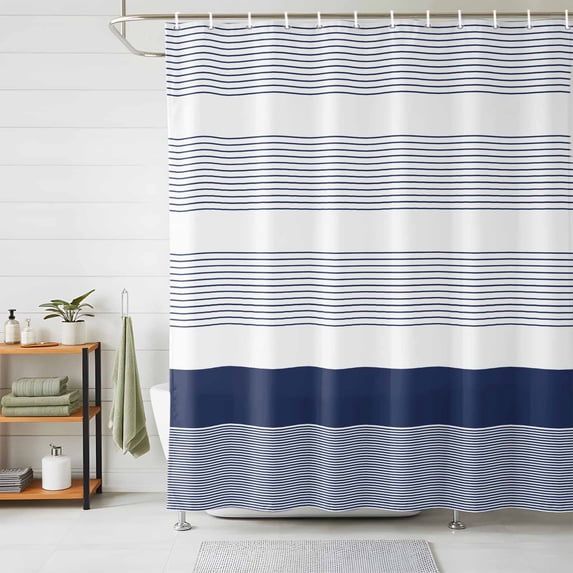 Shower Curtains for Bathroom, Navy Blue Stripe Waterproof Fabric Shower Curtain, Modern Rustic Horizontal Blue Striped Decorative Bathroom Curtain for Bathtub, 66"x72", No Hooks Included